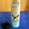 Light green thermos with Uncle Deep logo on a blue surface.